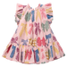 A pink children's dress with a colorful bow print, featuring ruffled sleeves, a ruffled neckline, and a tiered skirt, shown against a plain white background.