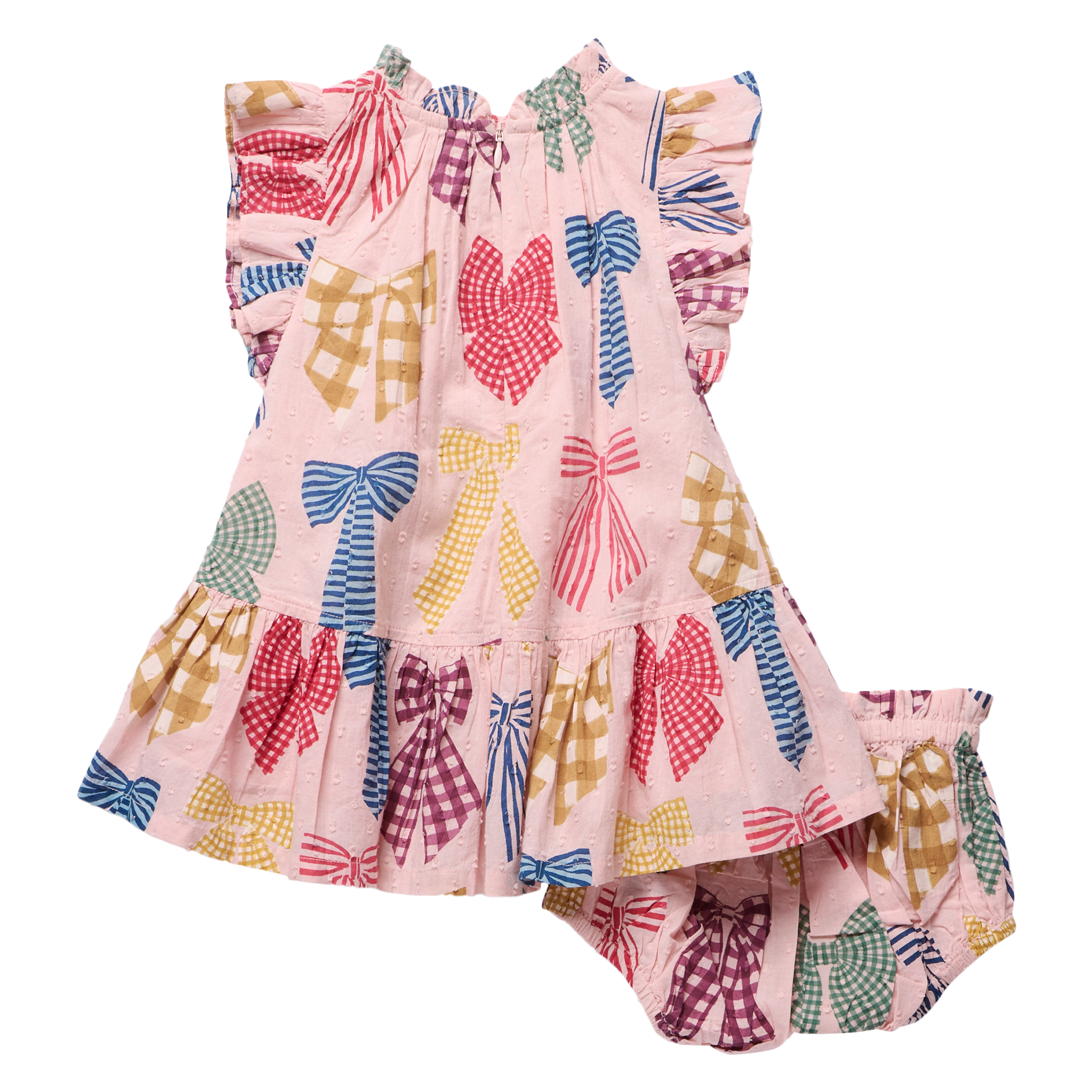 A toddler girl's two-piece outfit featuring a ruffled sleeveless dress and matching bloomers, both in light pink with a colorful pattern of gingham bows and plaid checks in red, blue, yellow, green, and purple.