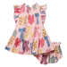 A toddler girl's two-piece outfit featuring a ruffled sleeveless dress and matching bloomers, both in light pink with a colorful pattern of gingham bows and plaid checks in red, blue, yellow, green, and purple.