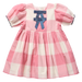 A pink and white gingham baby dress with puff sleeves, a gathered skirt, and a blue bow detail on the chest.