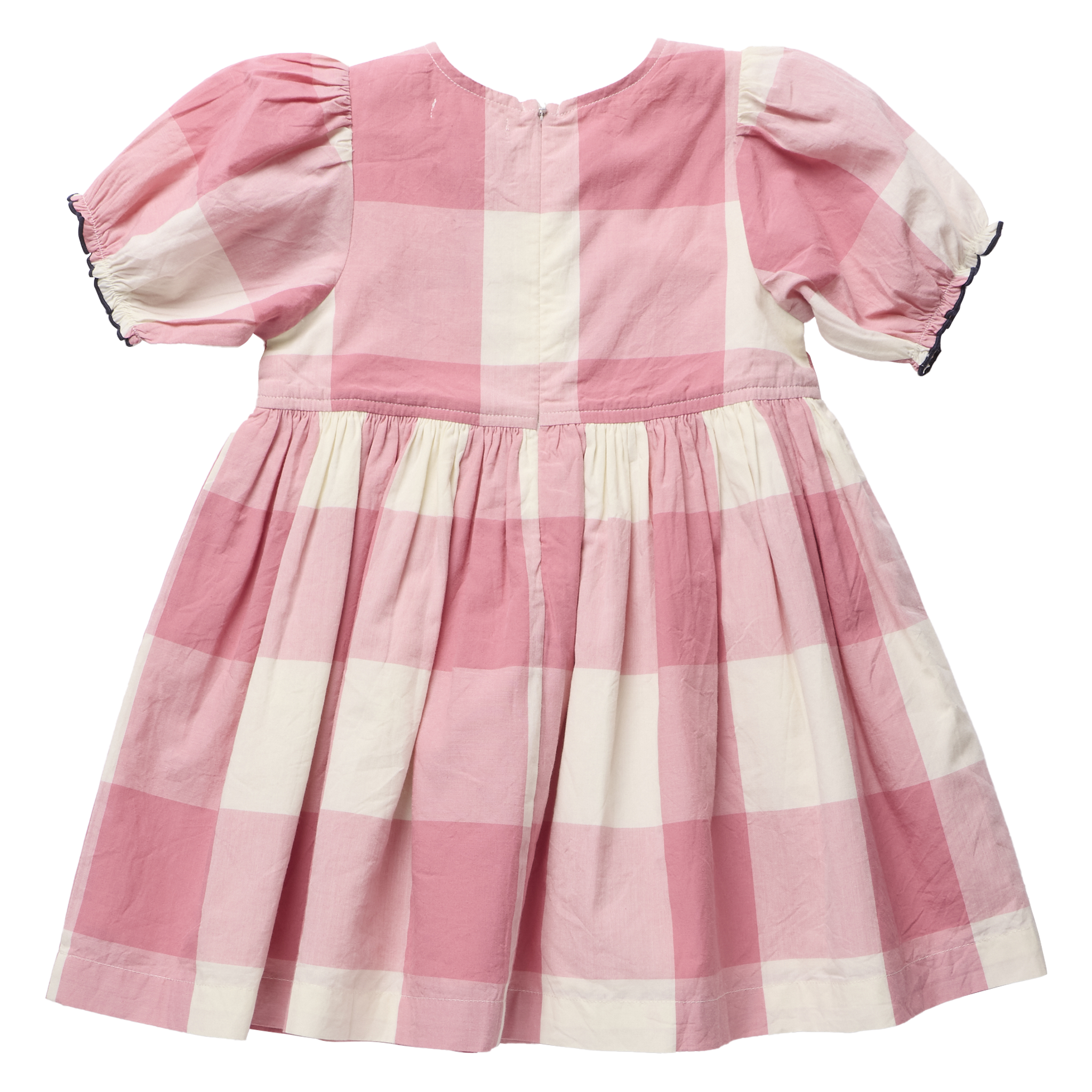 Pink and off-white gingham check baby dress with short puff sleeves and a gathered skirt, shown flat against a white background.