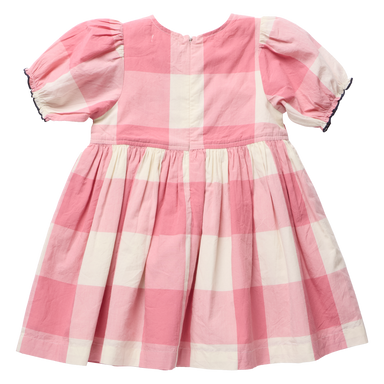 Pink and off-white gingham check baby dress with short puff sleeves and a gathered skirt, shown flat against a white background.