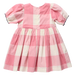 Pink and off-white gingham check baby dress with short puff sleeves and a gathered skirt, shown flat against a white background.