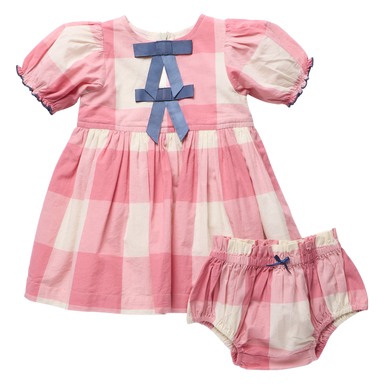 A baby girl's two-piece outfit set consisting of a pink and cream gingham dress with a blue bow on the back, and matching gingham bloomers with a small blue bow, shown on a solid white background.