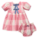 A baby girl's two-piece outfit set consisting of a pink and cream gingham dress with a blue bow on the back, and matching gingham bloomers with a small blue bow, shown on a solid white background.