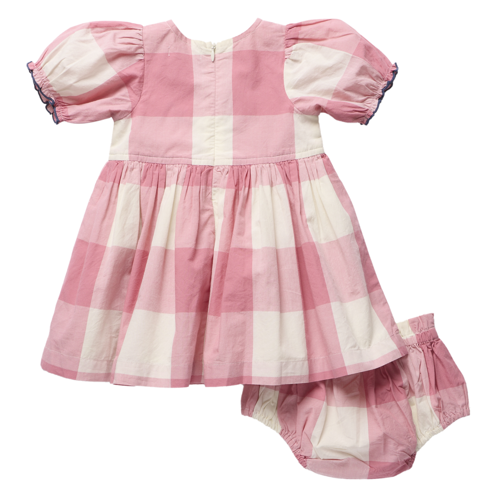 A baby girl's two-piece outfit featuring a pink and cream gingham dress with puff sleeves and matching gingham bloomers, displayed on a clean white background.