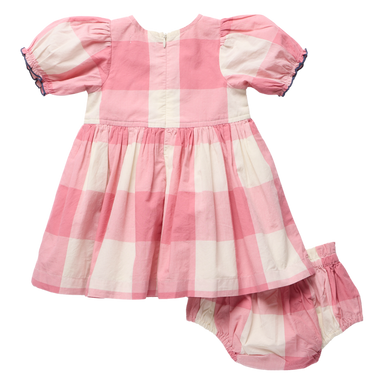 A baby girl's two-piece outfit featuring a pink and cream gingham dress with puff sleeves and matching gingham bloomers, displayed on a clean white background.