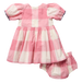 A baby girl's two-piece outfit featuring a pink and cream gingham dress with puff sleeves and matching gingham bloomers, displayed on a clean white background.