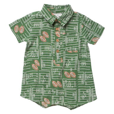 A baby short-sleeve button-up shirt in green with a white football field and yard line pattern, decorated with brown footballs, shown flat on a white background.