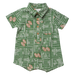 A baby short-sleeve button-up shirt in green with a white football field and yard line pattern, decorated with brown footballs, shown flat on a white background.