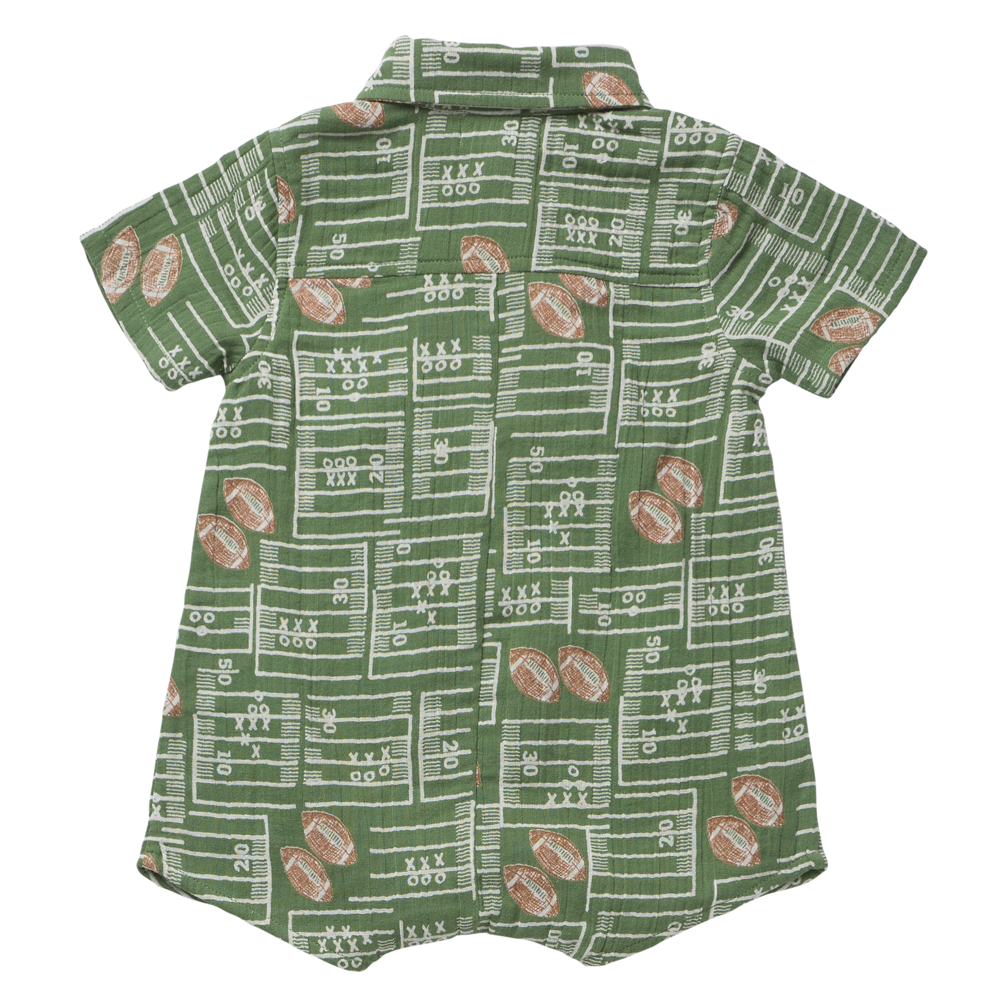A short-sleeve button-up shirt for pets, featuring a green football field pattern with white yard lines, numbers, and brown football motifs, shown against a plain white background.