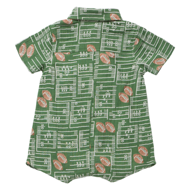 A short-sleeve button-up shirt for pets, featuring a green football field pattern with white yard lines, numbers, and brown football motifs, shown against a plain white background.