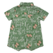 A short-sleeve button-up shirt for pets, featuring a green football field pattern with white yard lines, numbers, and brown football motifs, shown against a plain white background.