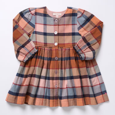 Pink Chicken girls plaid dress in warm rust blue and cream tones with long sleeves button front and gathered skirt for a classic children’s wardrobe style