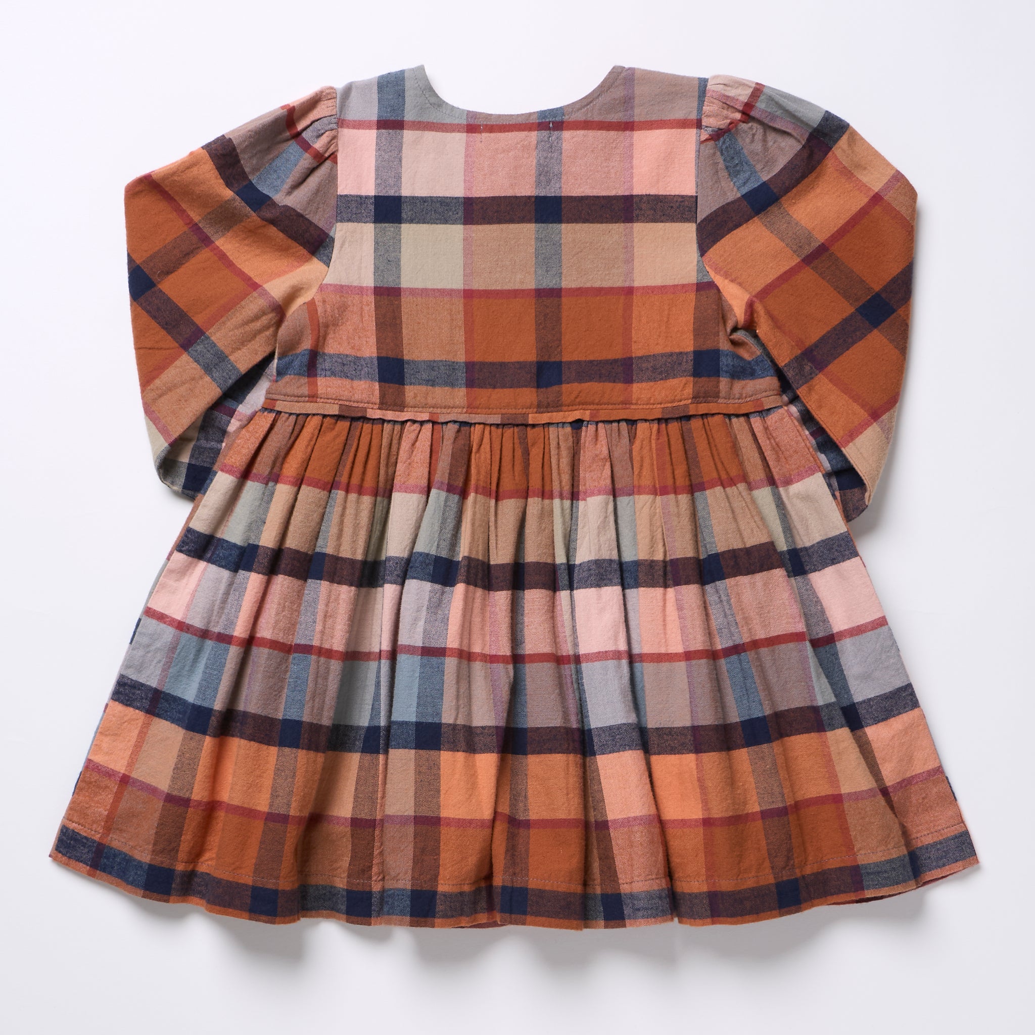 Pink Chicken girls dress in warm Hayride plaid with long sleeves gathered waist and full skirt displayed against a light background