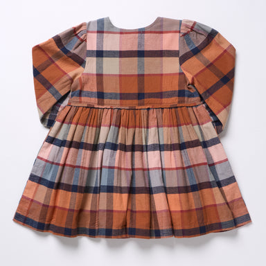Pink Chicken girls dress in warm Hayride plaid with long sleeves gathered waist and full skirt displayed against a light background