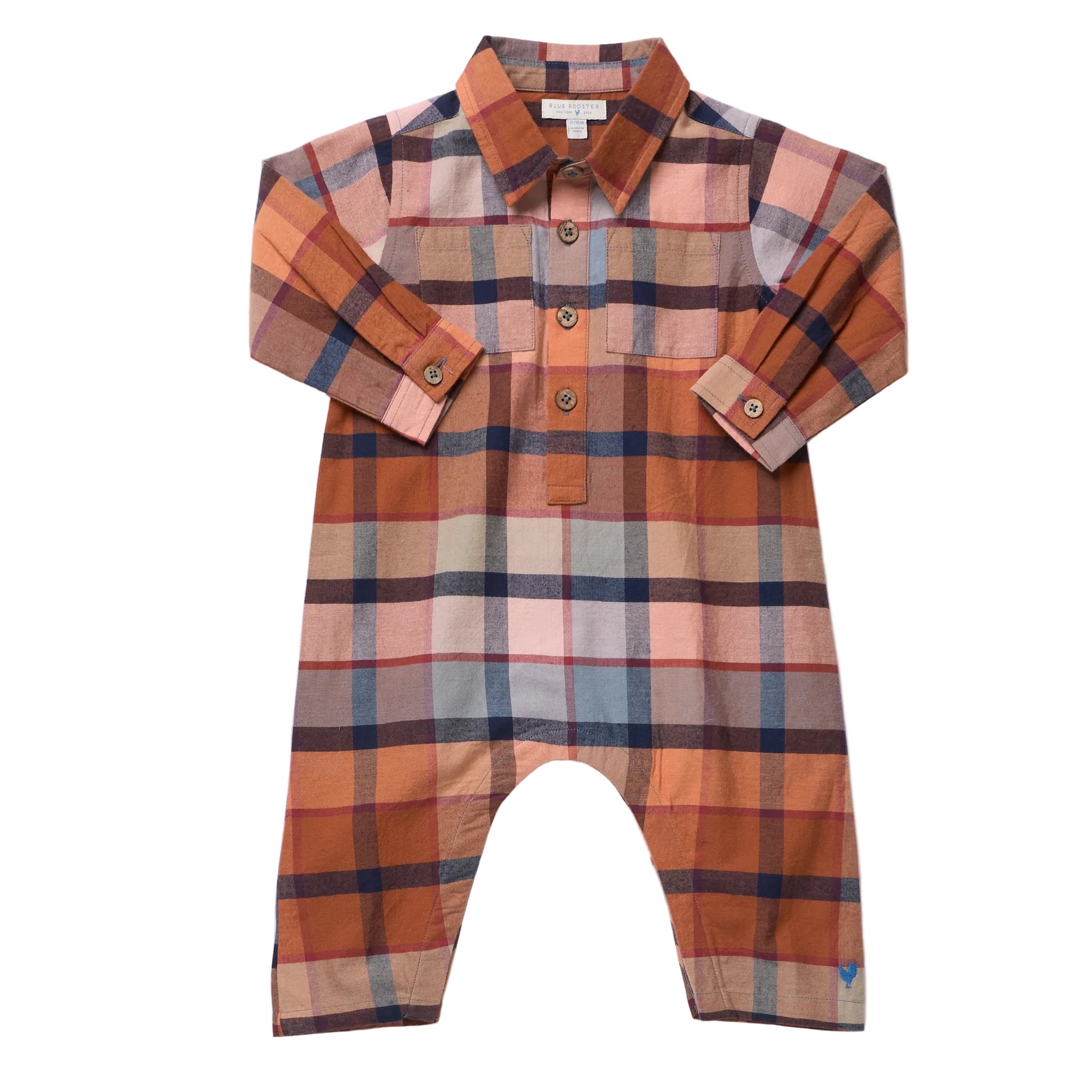 A long-sleeve baby romper in a warm-toned plaid pattern featuring orange, brown, beige, and navy blue, laid flat on a white background.
