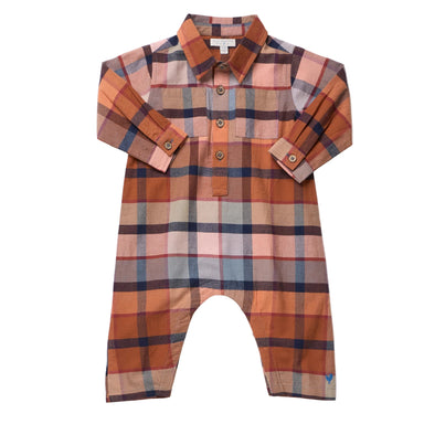A long-sleeve baby romper in a warm-toned plaid pattern featuring orange, brown, beige, and navy blue, laid flat on a white background.