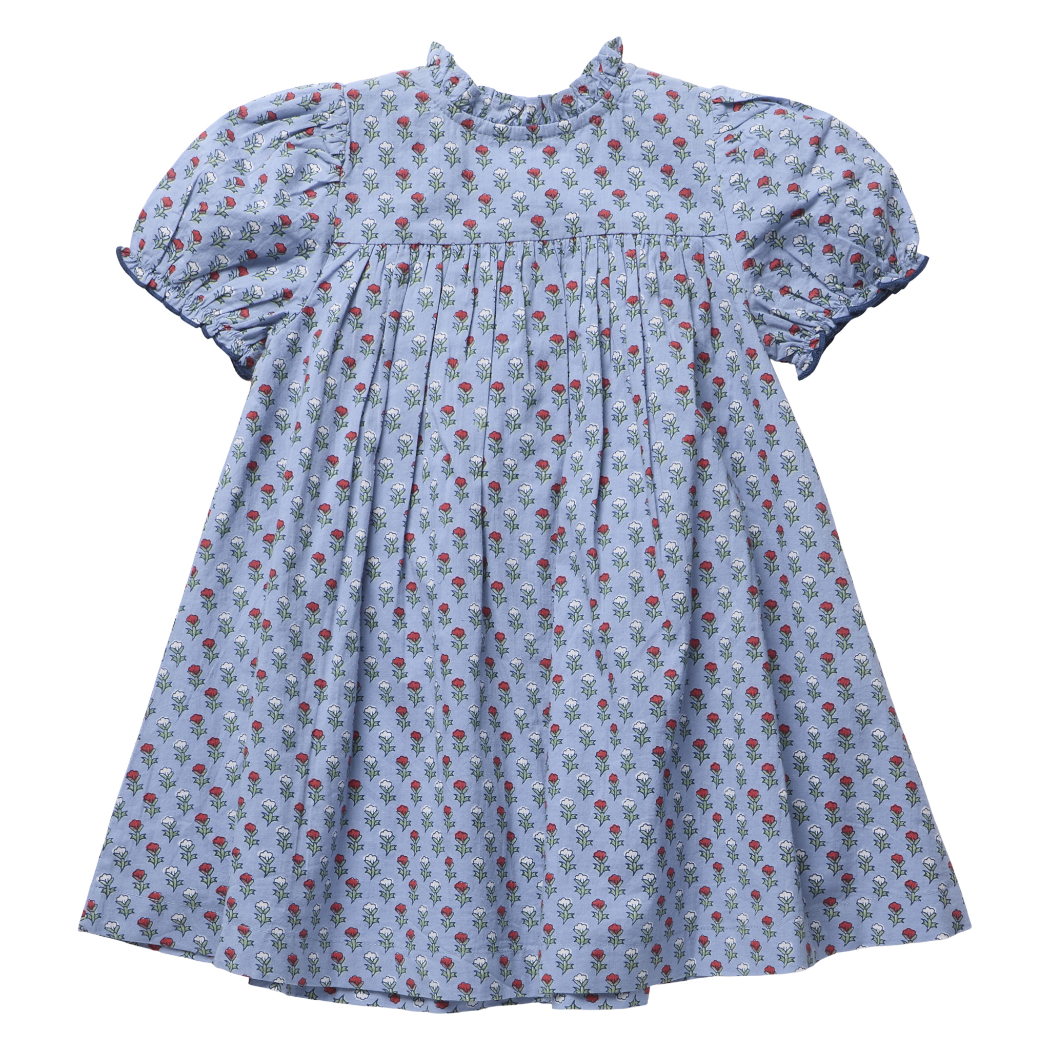 A light blue cotton dress for toddlers or young girls, featuring an all-over small carnation print in red and white, with short puff sleeves and a smocked bodice.