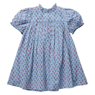 A light blue cotton dress for toddlers or young girls, featuring an all-over small carnation print in red and white, with short puff sleeves and a smocked bodice.