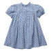A light blue cotton dress for toddlers or young girls, featuring an all-over small carnation print in red and white, with short puff sleeves and a smocked bodice.