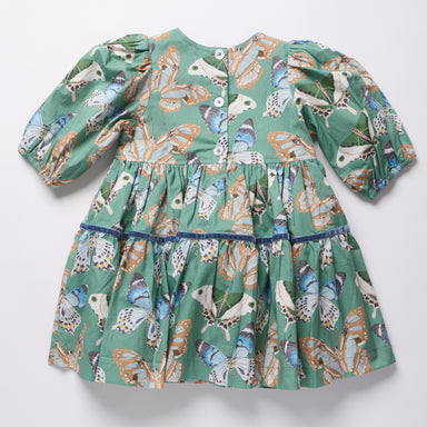 Pink Chicken green girls dress with puff sleeves and a tiered skirt featuring a colorful butterfly print and button front