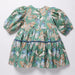 Pink Chicken green girls dress with puff sleeves and a tiered skirt featuring a colorful butterfly print and button front