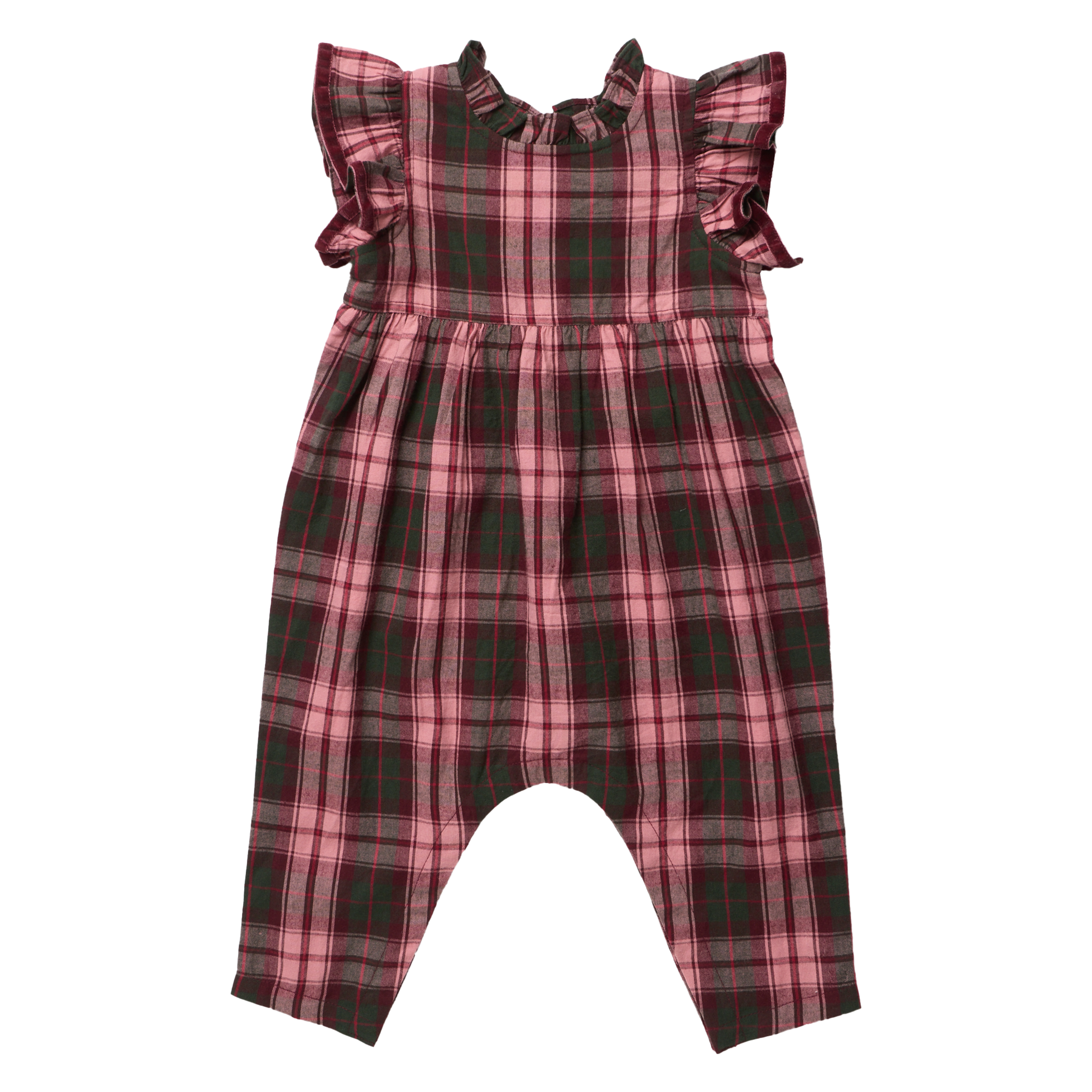 A baby romper in a pink, red, and green plaid pattern, featuring ruffled cap sleeves and a smocked bodice, shown flat against a white background.