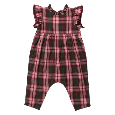A baby romper in a pink, red, and green plaid pattern, featuring ruffled cap sleeves and a smocked bodice, shown flat against a white background.