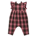 A baby romper in a pink, red, and green plaid pattern, featuring ruffled cap sleeves and a smocked bodice, shown flat against a white background.