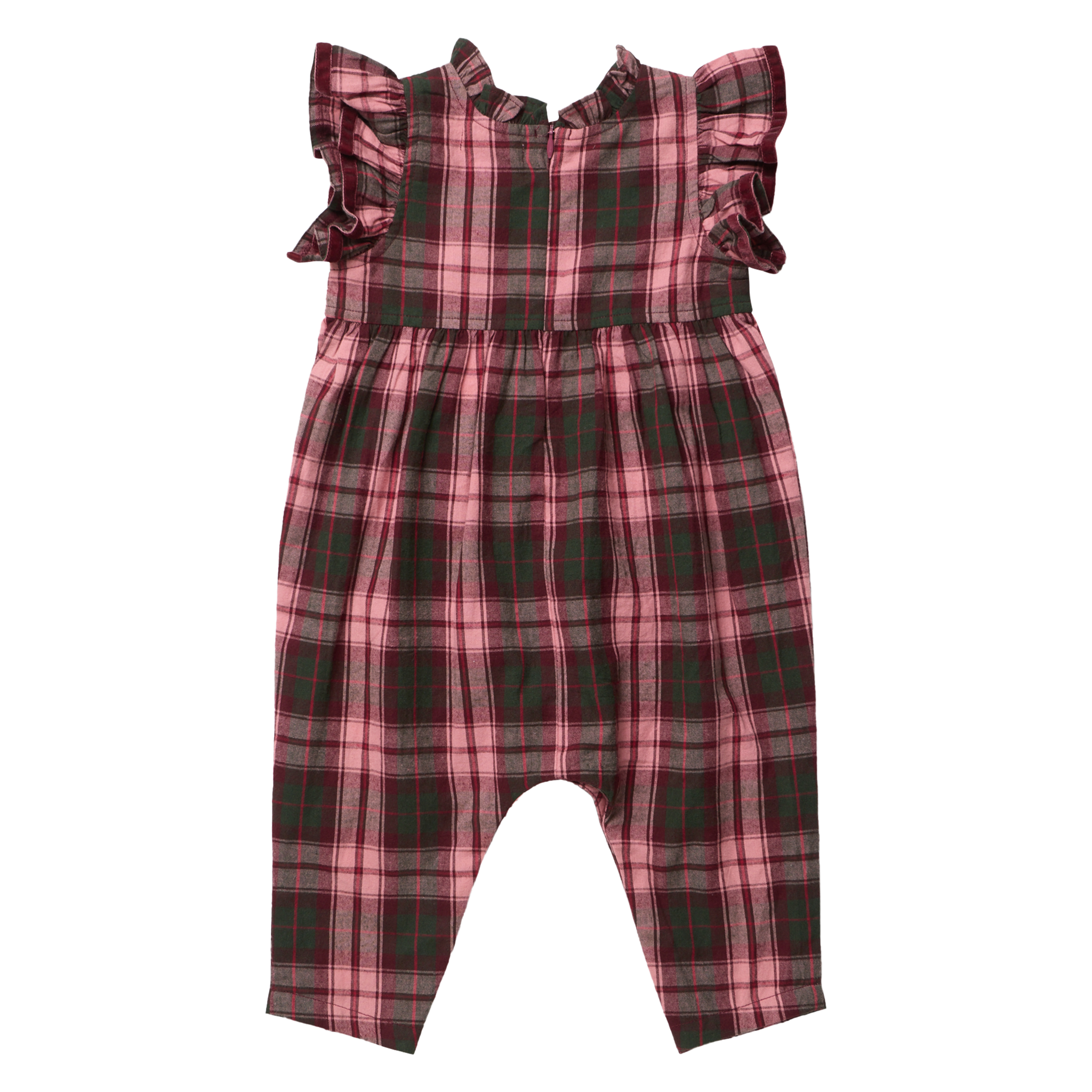A baby romper in a red, pink, and green plaid pattern, featuring ruffled cap sleeves and a smocked waist, shown against a plain white background.