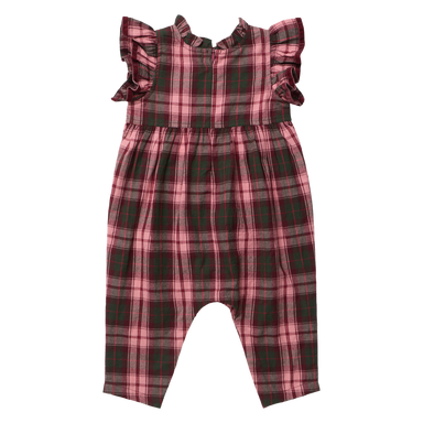 A baby romper in a red, pink, and green plaid pattern, featuring ruffled cap sleeves and a smocked waist, shown against a plain white background.