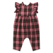 A baby romper in a red, pink, and green plaid pattern, featuring ruffled cap sleeves and a smocked waist, shown against a plain white background.