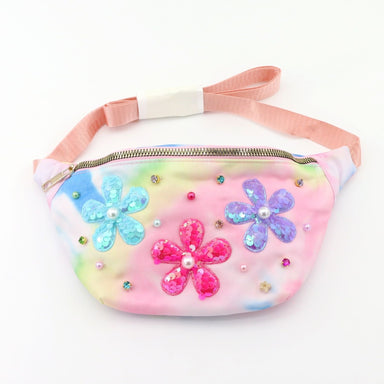 Colorful fanny pack with floral designs and sequins on a white background