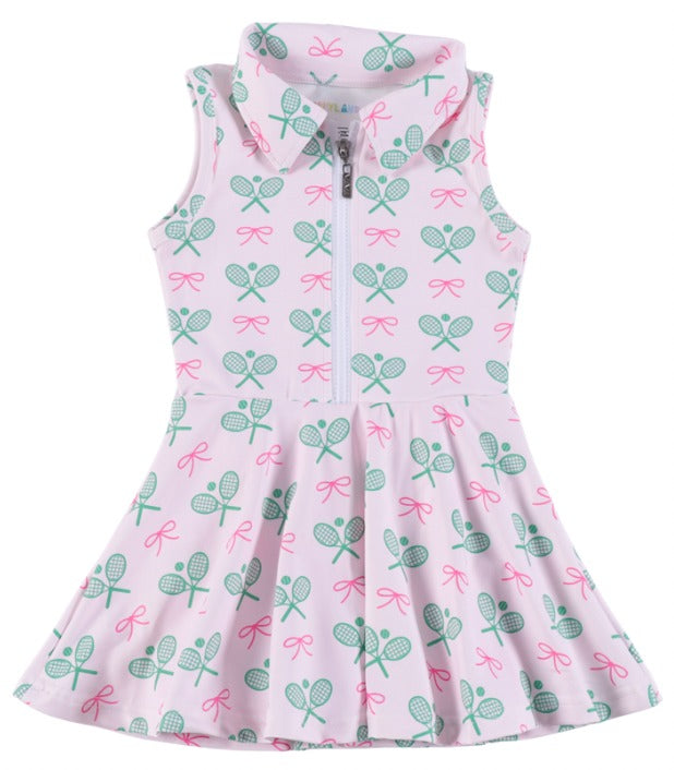 Children's sleeveless dress with tennis racket and bow pattern on a white background