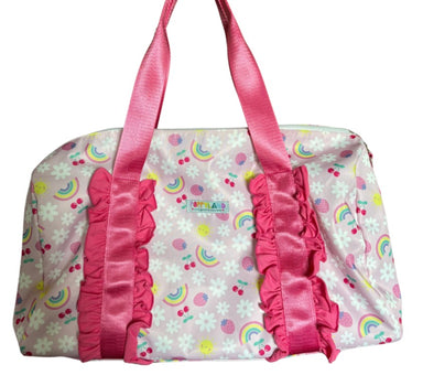 Pink and multicolored patterned bag with ruffles on a white background