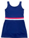 Navy blue dress with pink and white stripe on a white background