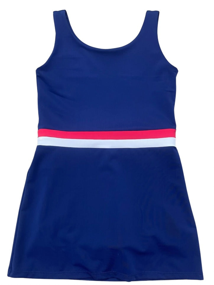 Navy blue dress with pink and white stripe on a white background