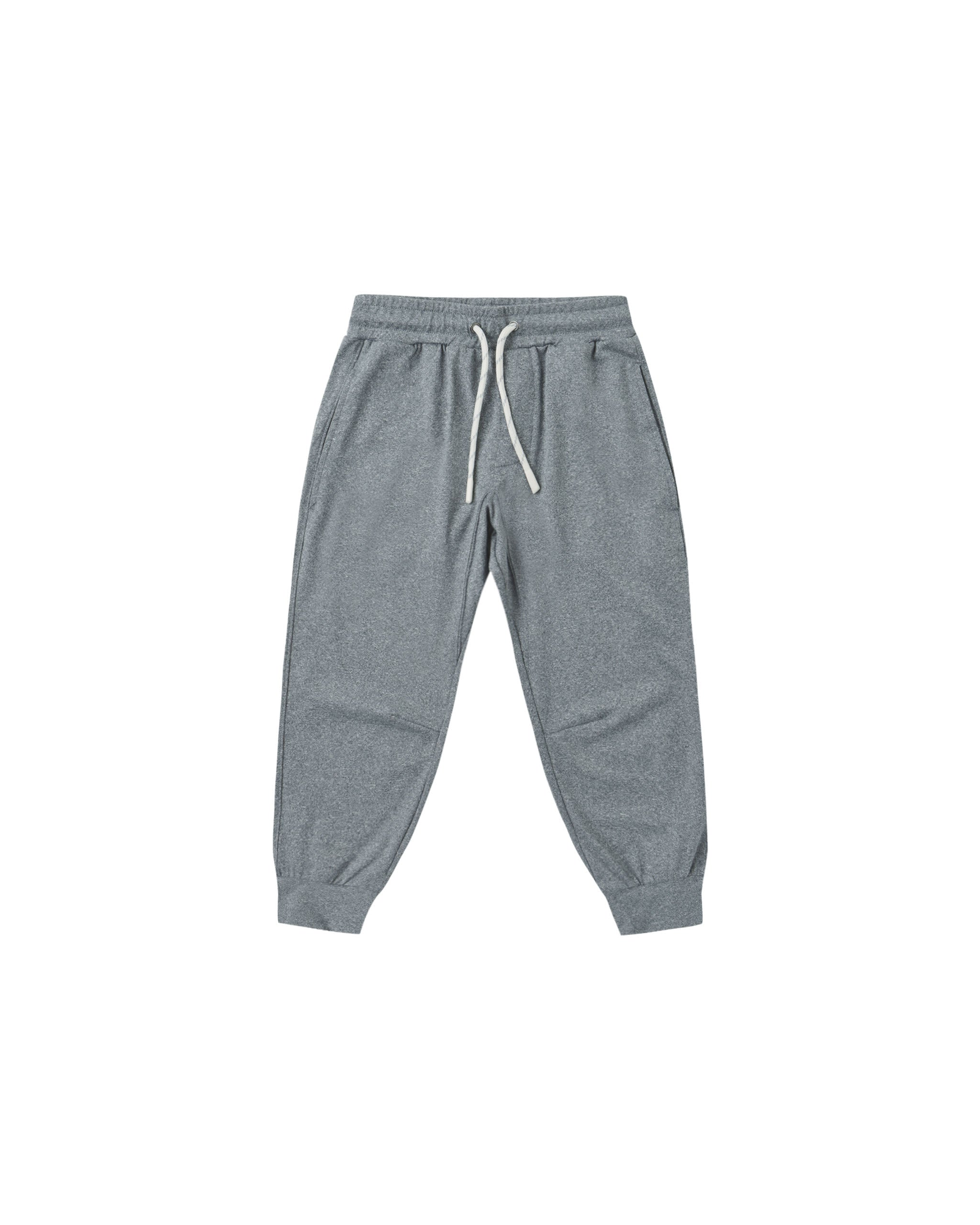 A pair of heather gray jogger sweatpants with a white drawstring, photographed flat against a solid white background.