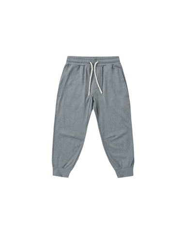 A pair of heather gray jogger sweatpants with a white drawstring, photographed flat against a solid white background.