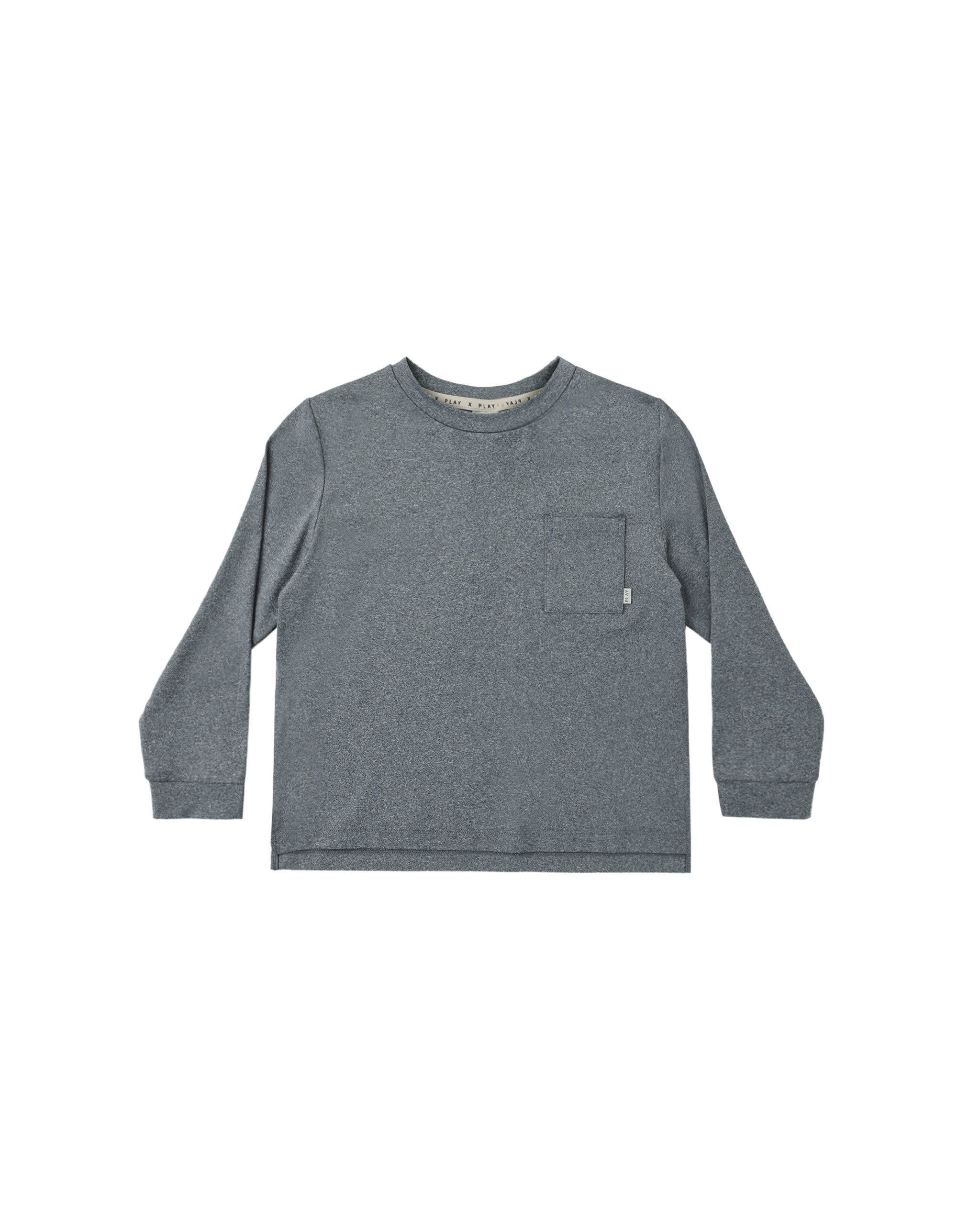 A dark heather gray long-sleeve crewneck shirt with a left chest pocket, displayed flat against a solid white background.