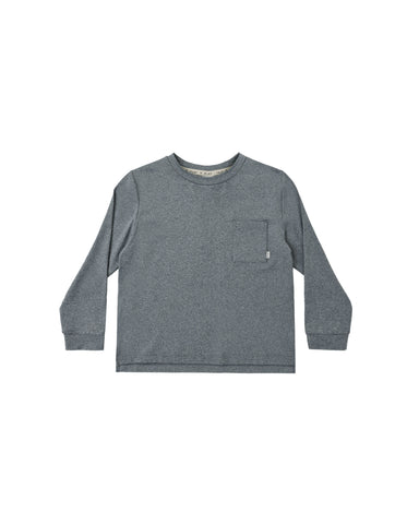 A dark heather gray long-sleeve crewneck shirt with a left chest pocket, displayed flat against a solid white background.