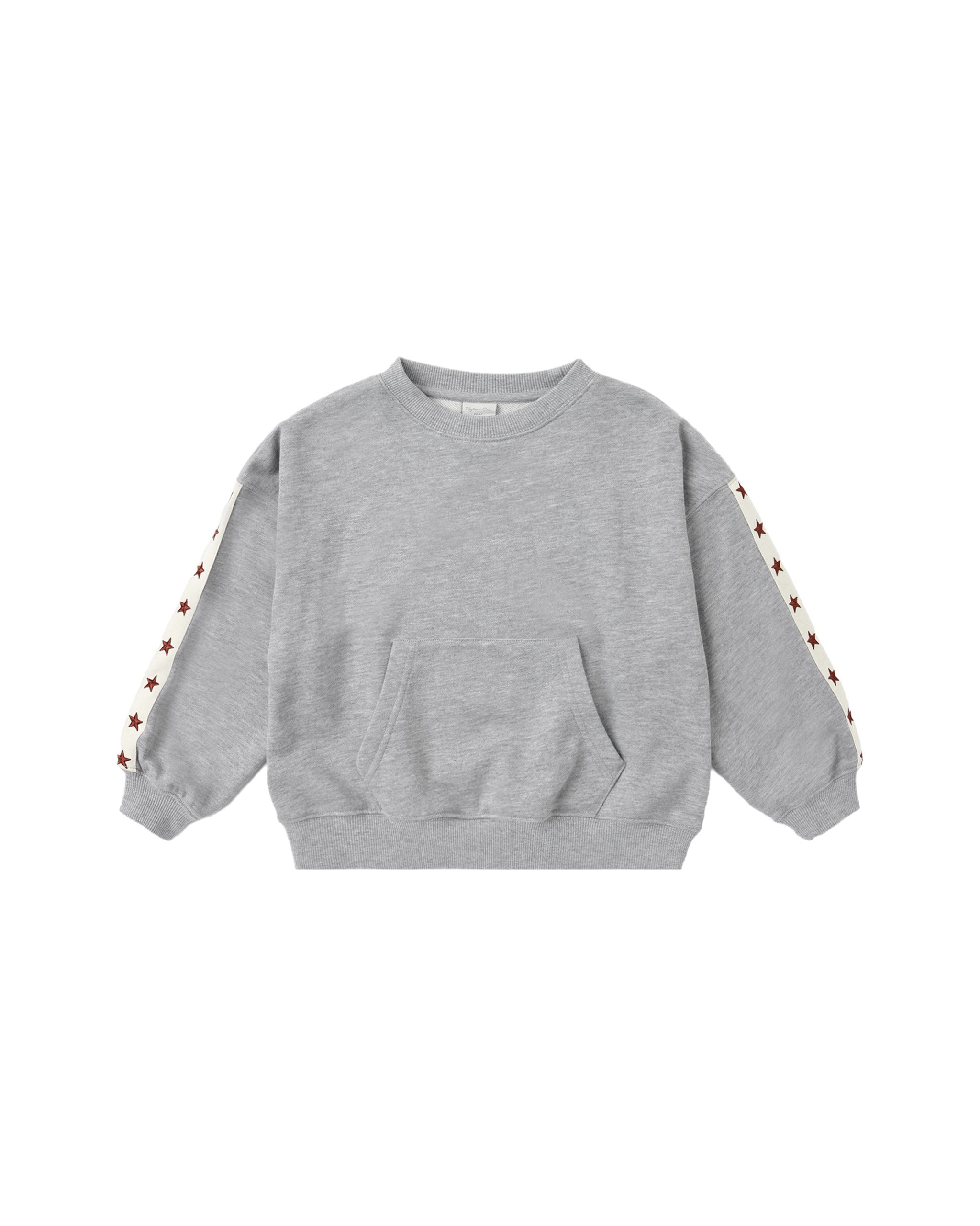 A light gray heather crewneck sweatshirt with a front kangaroo pocket and decorative white stripes on the sleeves featuring small red star details, shown on a plain white background.
