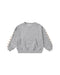 A light gray heather crewneck sweatshirt with a front kangaroo pocket and decorative white stripes on the sleeves featuring small red star details, shown on a plain white background.
