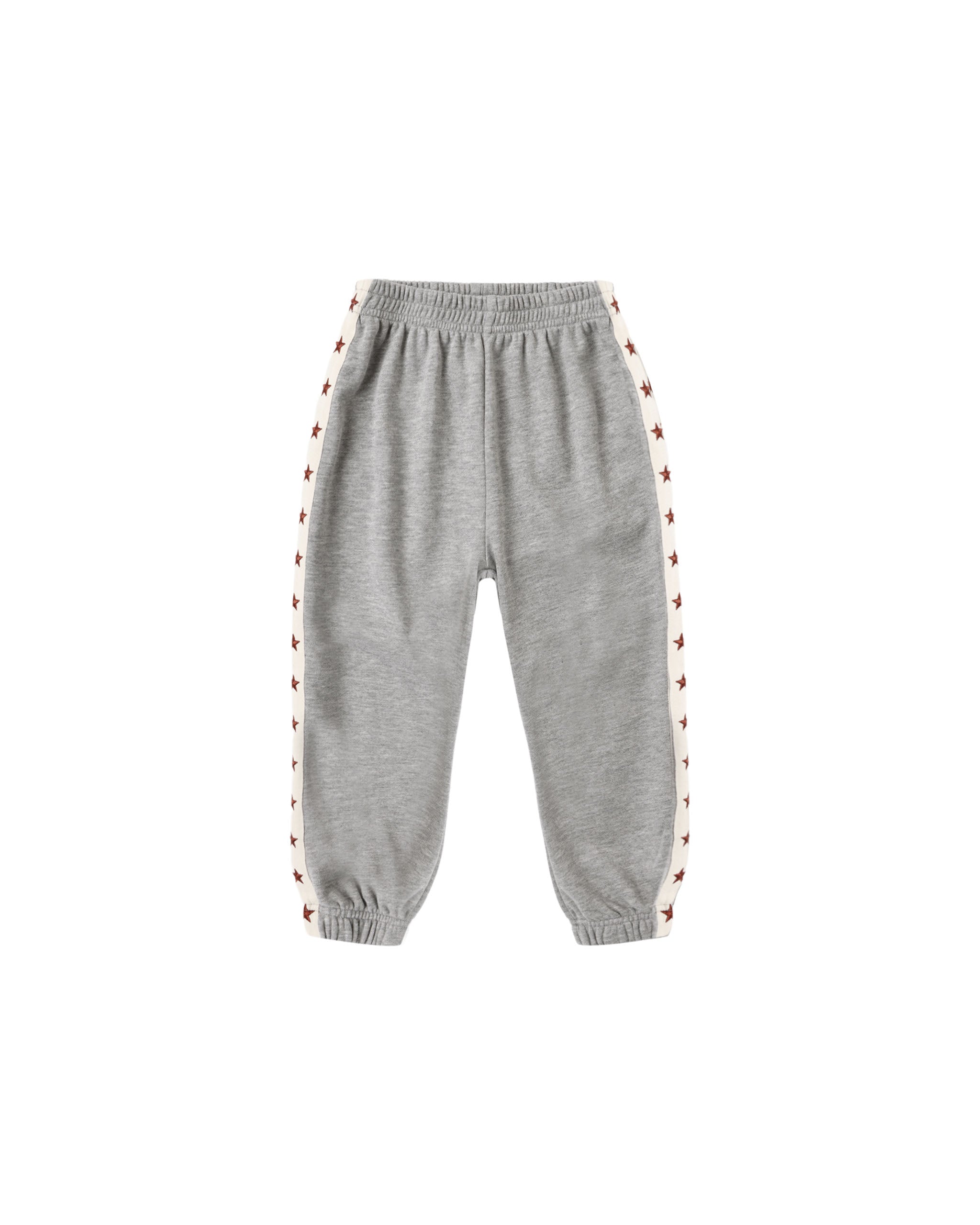A pair of heather gray jogger sweatpants with white side stripes featuring a repeating red embroidered pattern, shown against a plain white background.