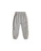 A pair of heather gray jogger sweatpants with white side stripes featuring a repeating red embroidered pattern, shown against a plain white background.