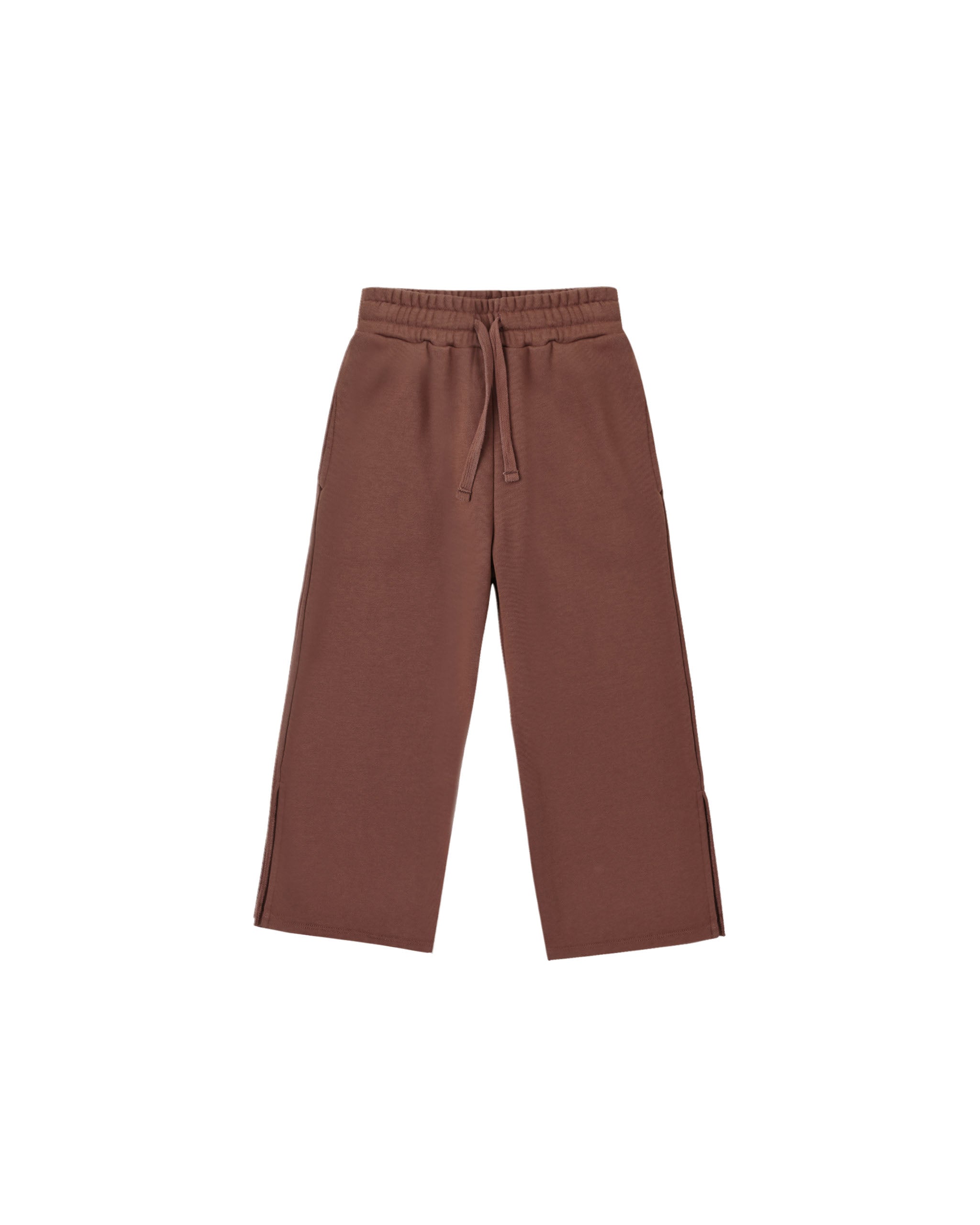 A pair of wide-leg sweatpants in a solid dusty rose brown color, featuring an elastic waistband and a matching drawstring, shown against a plain white background.