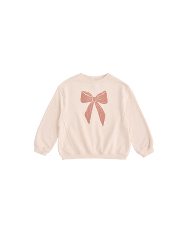 Beige sweatshirt with a pink bow design on a white background
