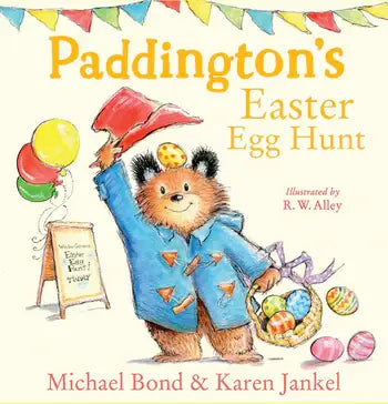 Book cover of 'Paddington's Easter Egg Hunt' with Paddington Bear holding balloons and an Easter egg hunt sign.