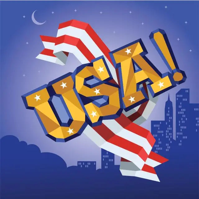USA text with American flag design against a city skyline at night